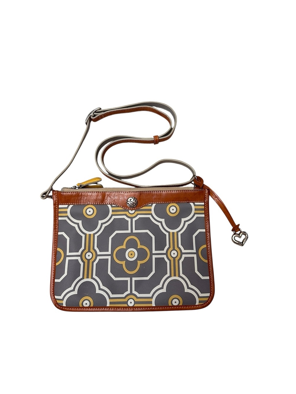 Brighton Yellow Gray Geometric Tile Canvas with Leather Trim Vintage Crossbody